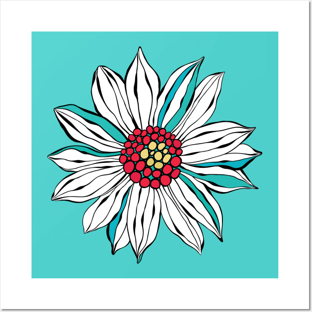 White Teal Yellow Red Daisy Flower Wall Art by CatyArte